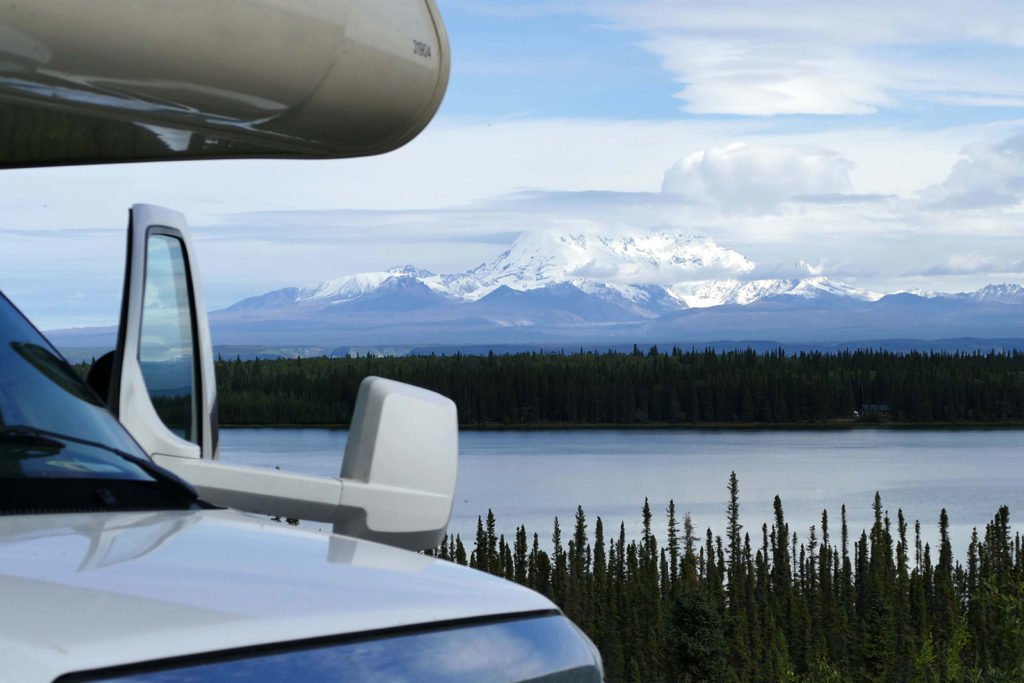 Stock image of mountain in the background of an RV