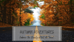 Blog Post title on autumn road background with colorful foliage
